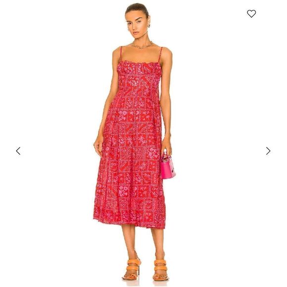 Agua Bendita Red Mambo Ipanema Escarlata Red Linen Printed Midi Summer Dress, XL - Picture 1 of 16